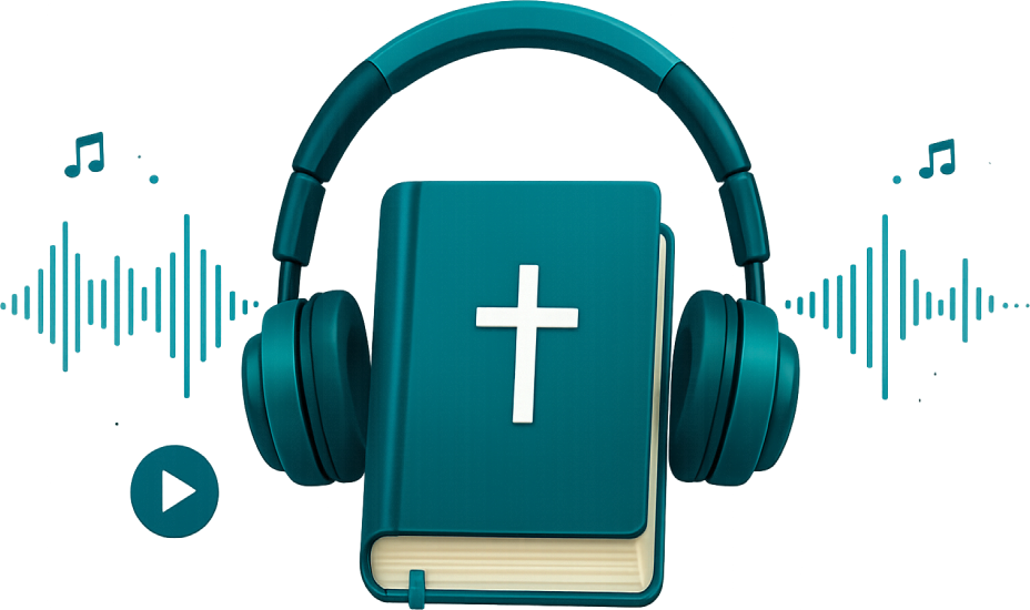 An audio Bible with headphones and sound waves