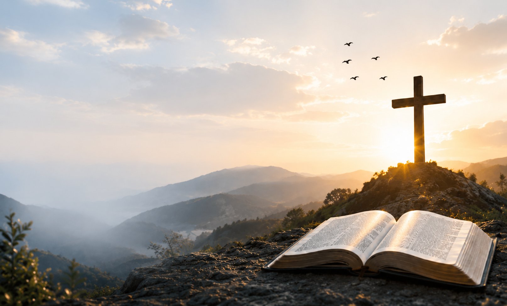 An open Bible on a mountaintop at sunrise with a wooden cross silhouetted against the sky